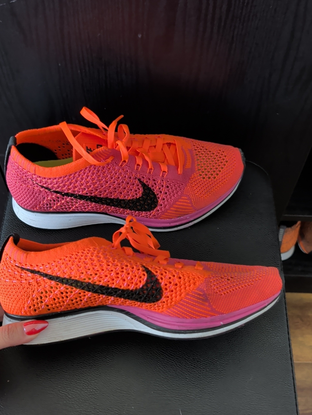 Nike Women’s Flyknit Racer — Orange & Pink with Black Swoosh